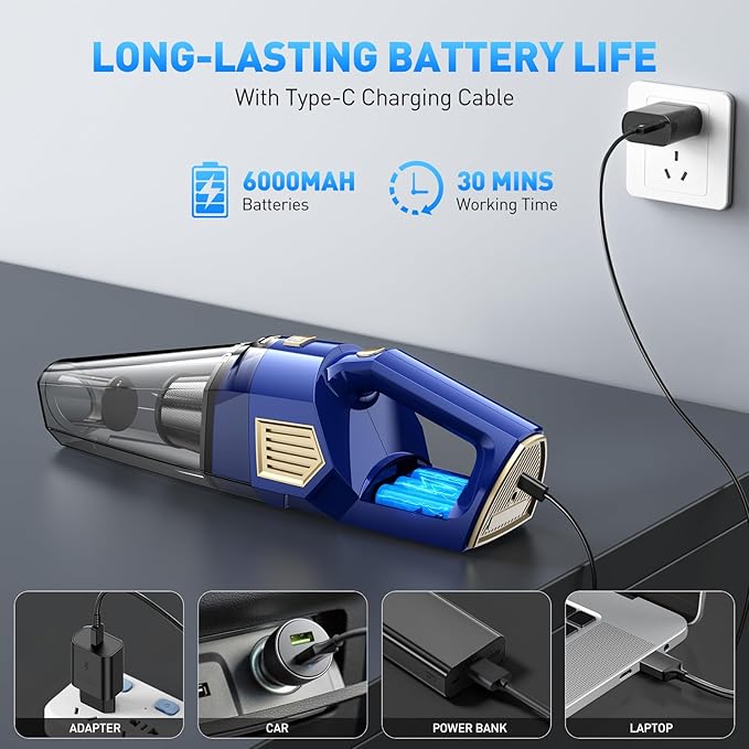Handheld Vacuum Cordless, 15000PA Powerful Suction Car Vacuum Cleaner Lightweight with Multi Accessories, Hand held Vacuum Cleaner Dust Busters Cordless Rechargeable for Car Home
