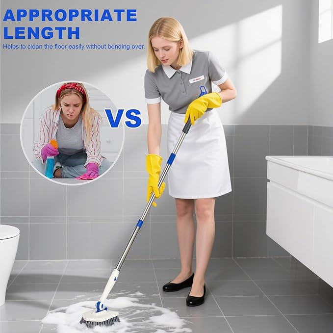 Tile Tub Scrubber Brush with 52-inch Adjustable Long Handle 3-in-1 Rotatable Shower Brush for Cleaning，3 Different Replacement Brush Heads for Cleaning Tub Tile Bathroom Kitchen Walls ，Blue