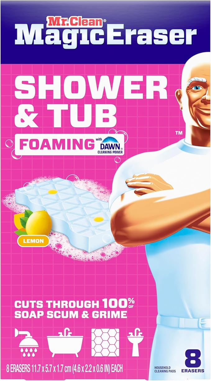 Mr. Clean Magic Eraser Sponge, Bathroom, Shower, Tub Cleaner, Soap Scum Remover, Bathroom Cleaning Supplies, Dawn Cleaning Power with Lemon Scent, Shower & Tub, 8 Count (Pack of 4)