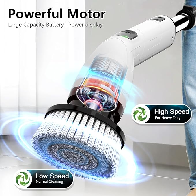 TUYU Electric Spin Scrubber, Full-Body IPX7 Waterproof Bathroom Scrubber,4 Replacement Head for Adjustable Extension Handle Electric Cleaning Brush for Bathroom, Tub, Tile