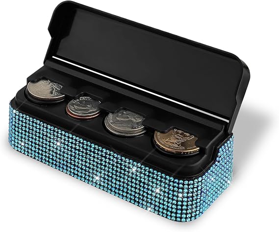 Bling Coin Holder for Car, Car Change Holder, Crystal Rhinestone Vehicle Change Organizer Box, Bling Car Interior Access