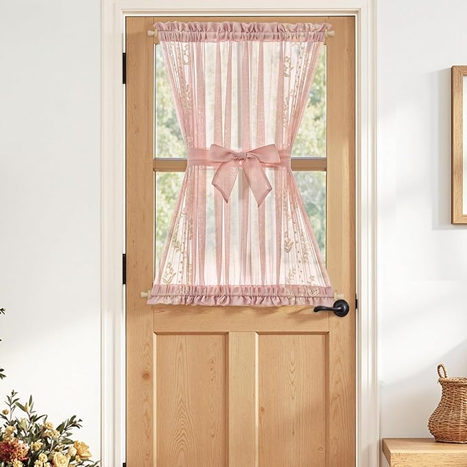 jinchan Semi Sheer French Door Curtain with Tie Up Bows Floral Embroidered Voile Privacy Curtain for Patio Door Closet Sliding Glass Door Rod Pocket 40 Inch 1 Panel Pink