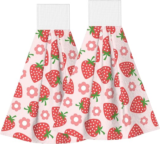 Cute Red Strawberry Kitchen Hand Towels Spring Pink Flowers Hand Tie Towels Set of 2 PCS Dish Towels with Loops Tea Bar 