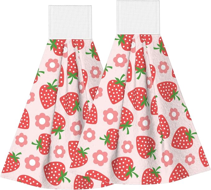 Cute Red Strawberry Kitchen Hand Towels Spring Pink Flowers Hand Tie Towels Set of 2 PCS Dish Towels with Loops Tea Bar 