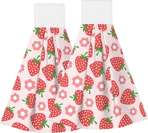Cute Red Strawberry Kitchen Hand Towels Spring Pink Flowers Hand Tie Towels Set of 2 PCS Dish Towels with Loops Tea Bar 