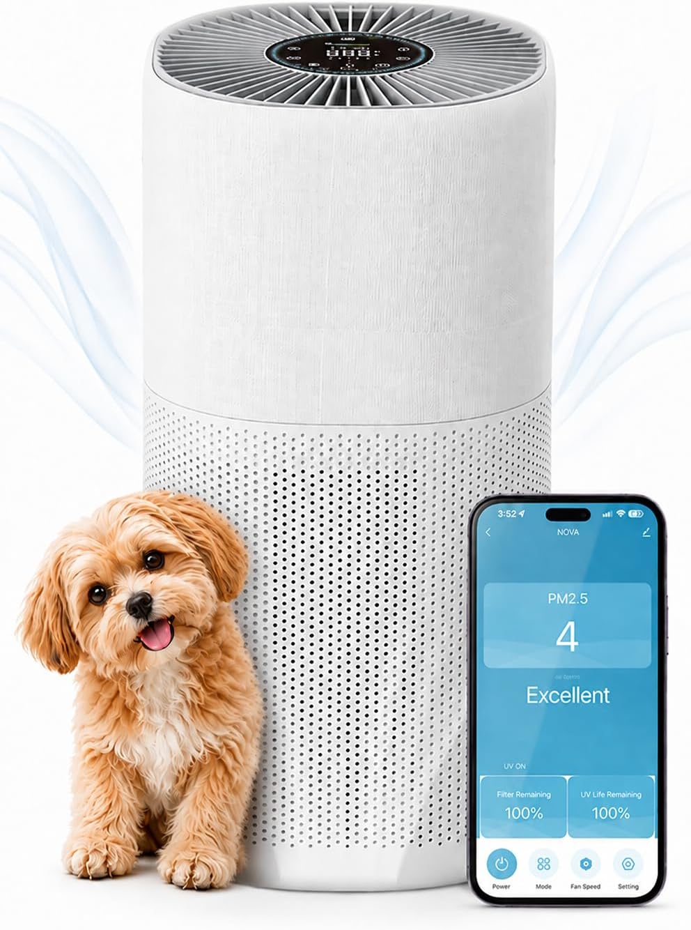 Nova Air Purifier for Home Large Rooms up to 2,258 Sq Ft, H13 True HEPA Filter, Smart WiFi App, Removes Pet Hair, Pet Dander, Dust, Pollen, Smoke & Odors, PM2.5 Sensor, UV-C & Ionizer
