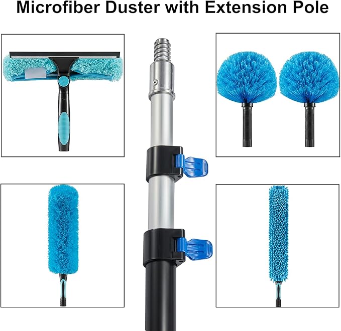 15 Foot High Ceiling Fan Duster with 5-8ft Extension Pole, Extendable Reusable Cobweb, Feather, Window Cleaning Squeegee Kit