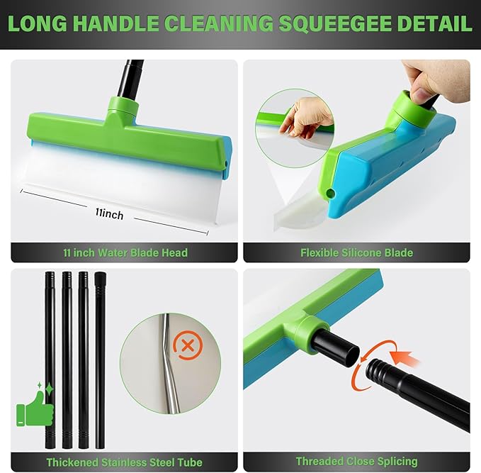 Gomake ‌11'' Window Squeegee with 20-63 Inch Telescopic Long Handle for Shower Glass Door,Car Windshield, Window, Mirror, Bathroom,Countertop,Floor Cleaning