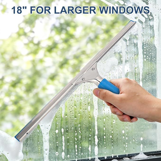 Professional Squeegee for Window Cleaning, 18” Window Squeegee for Shower Glass Door, Stainless Steel Rubber Squeegee Includes 12” Replacement Blades