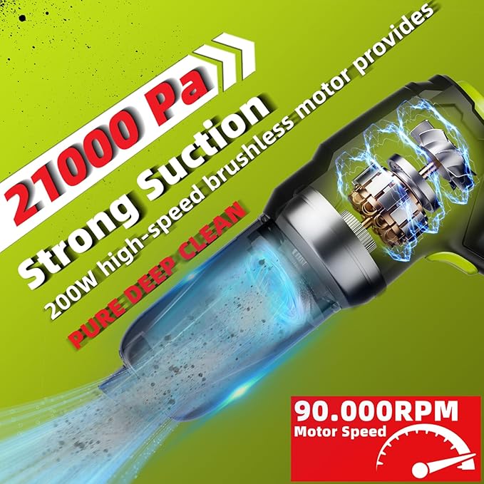 Car Handheld Vacuum Cordless with Battery 21000pa Strong Suction, 3 in 1 Vacuum Portable Cordless & Blower Kit with 200W Brushless Motor, Battery Operated Shop Vac for Home, Truck Car, Office
