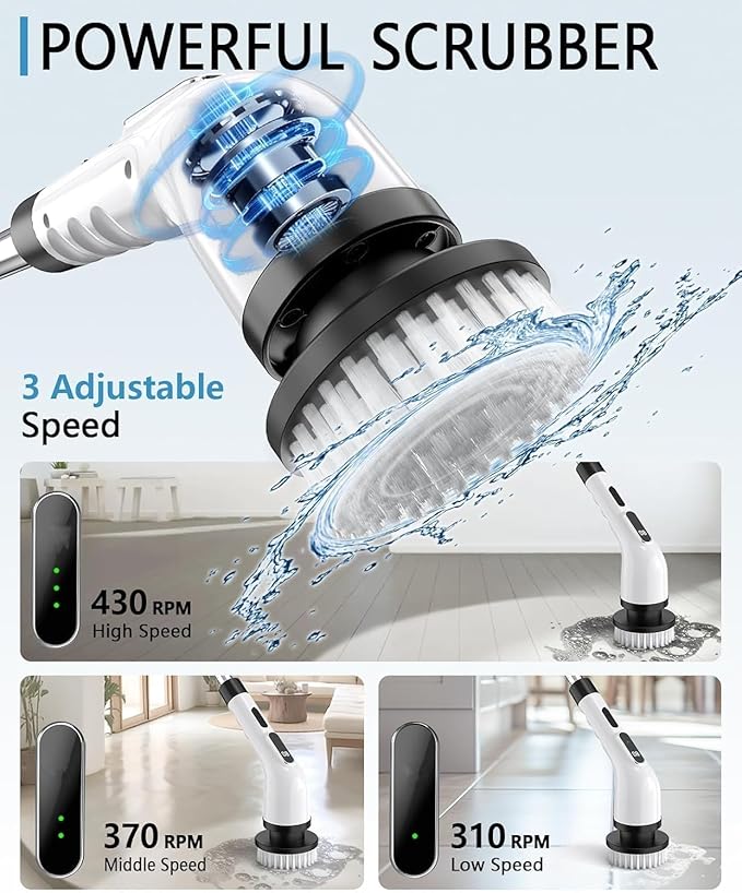 Electric Spin Scrubber for Cleaning Bathroom, Shower Scrubber Cordless Cleaning Brush with IPX7 Waterproof & 3 Speed, 9 Brush Heads, Bathroom Cleaning Supplies for Shower Tub Kitchen Tile Toilet Floor