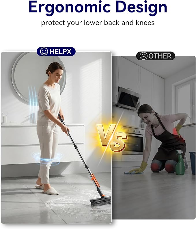 Small Floor Scrub Brush with Length Adjustable Long Handle, 3 in 1 Heavy-Duty Stiff Bristle Scrubber Brush with Squeegee and Tweezer for Cleaning Bathroom, Tile, Deck, Patio, Garage and Kitchen