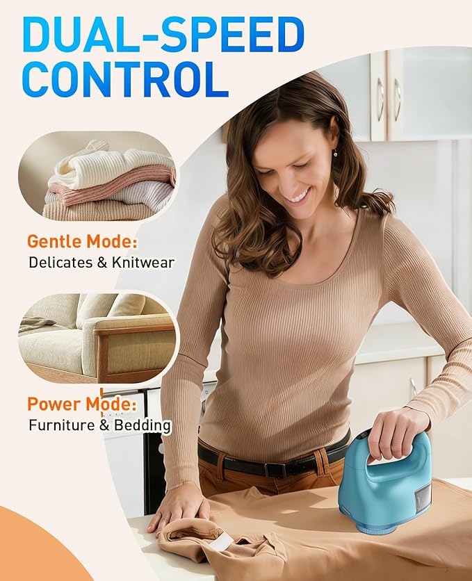 Fabric Shaver with Dual Head, 2X Faster Lint Remover for Clothes, 6-Leaf Blades, 2-Speed Electric Sweater Defuzzer with LED Display for Furniture & Clothing