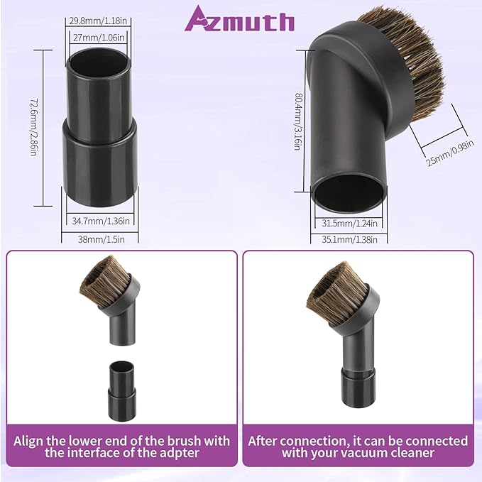 Vacuum Attachments & Brushes, Horsehair Round Brush with 1-1/4 to 1-3/8 Inch Vacuum Hose Adapter, Vacuum Brush Attachment for Shark and Shop Vac Attachments and Most Household Vacuum Cleaners