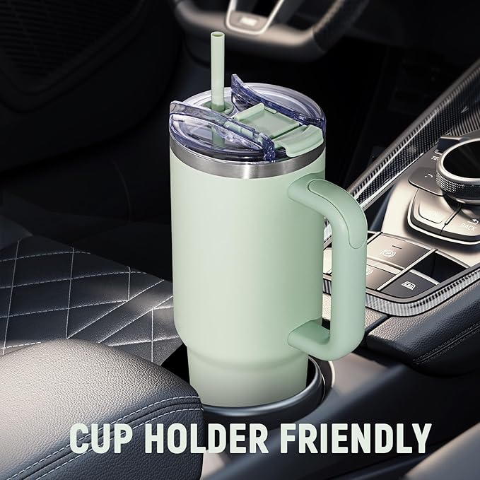 40 oz Tumbler with Handle and Straw Lid,Insulated Reusable Stainless Steel Water Bottle Travel Mug，Cupholder Friendly Double Wall Vacuum Sealed Cup (Light Green)