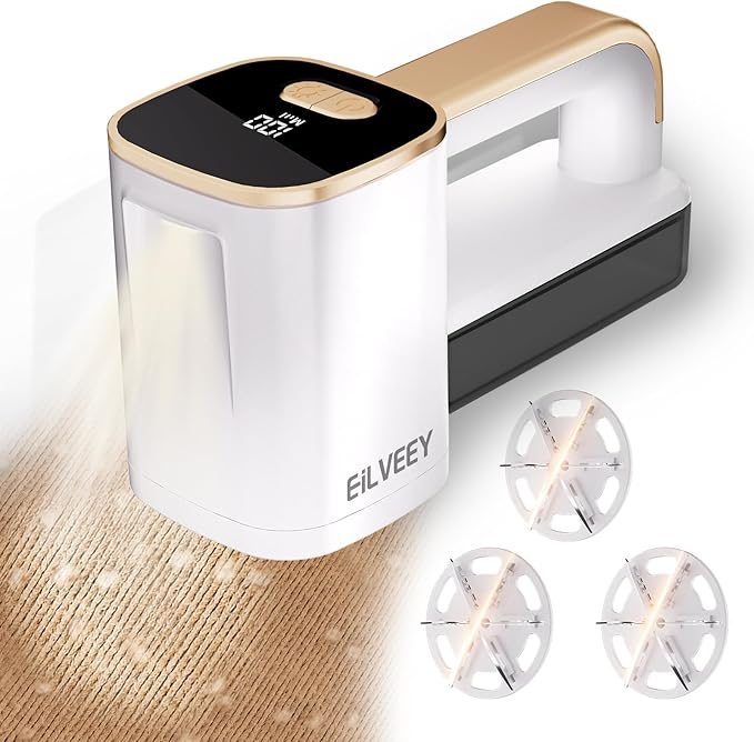 EiLVEEY Rechargeable Lint Remover, Fabric Shaver Fuzz Remover, Sweater Shavers with 6-Leaf Blades, 3-Speeds Digital LED Display to Remove Pilling for Clothing and Furniture, Lint Ball, White