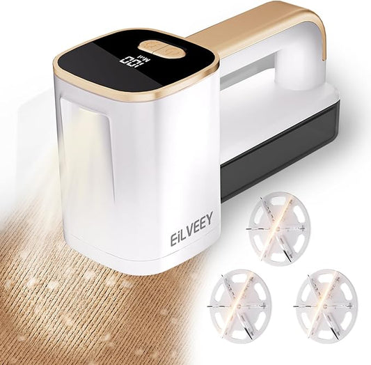 EiLVEEY Rechargeable Lint Remover, Fabric Shaver Fuzz Remover, Sweater Shavers with 6-Leaf Blades, 3-Speeds Digital LED Display to Remove Pilling for Clothing and Furniture, Lint Ball, White
