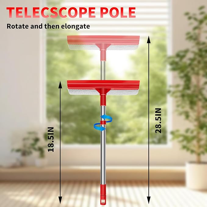 Window Squeegee with 18.5"-28.5" Retractable Handle, 2-in-1 Squeegee for Window Cleaning Tool for Cars, Trucks, Glass Doors, Shower, Outdoor Windows – Window Cleaner (Red)