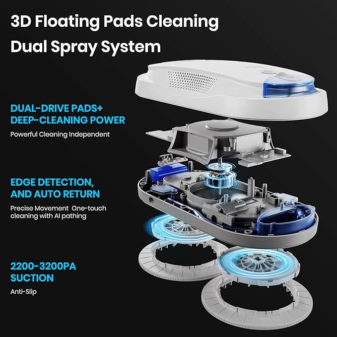 KKI Window Cleaning Robot, Auto Window Cleaner Robot, Dual Spray, Max 3200Pa, AI Path Planning & Edge Detection, Remote Control for High-Rise Windows, Glass Door,5Pairs Cloths, X3 (White)
