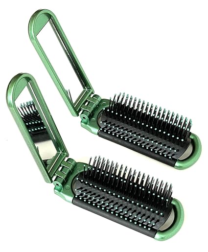 2 Green ALAZCO Folding Hair Brush With Mirror Compact Pocket Size Travel Car Gym Bag Purse Locker Swimming Camping Sleep