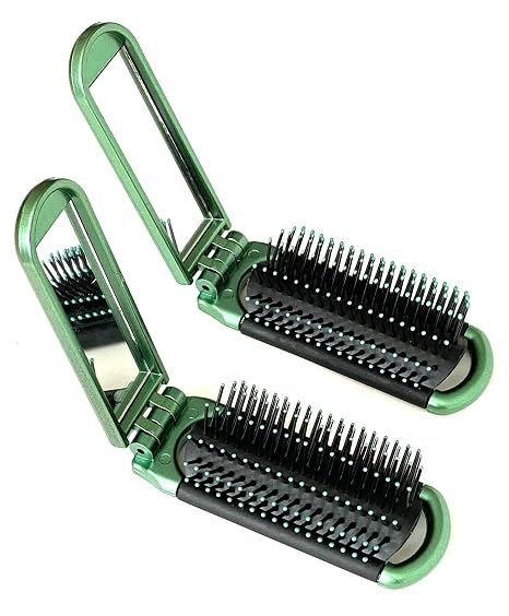 2 Green ALAZCO Folding Hair Brush With Mirror Compact Pocket Size Travel Car Gym Bag Purse Locker Swimming Camping Sleep