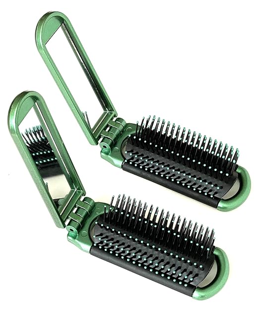 2 Green ALAZCO Folding Hair Brush With Mirror Compact Pocket Size Travel Car Gym Bag Purse Locker Swimming Camping Sleep