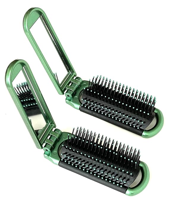 2 Green ALAZCO Folding Hair Brush With Mirror Compact Pocket Size Travel Car Gym Bag Purse Locker Swimming Camping Sleep