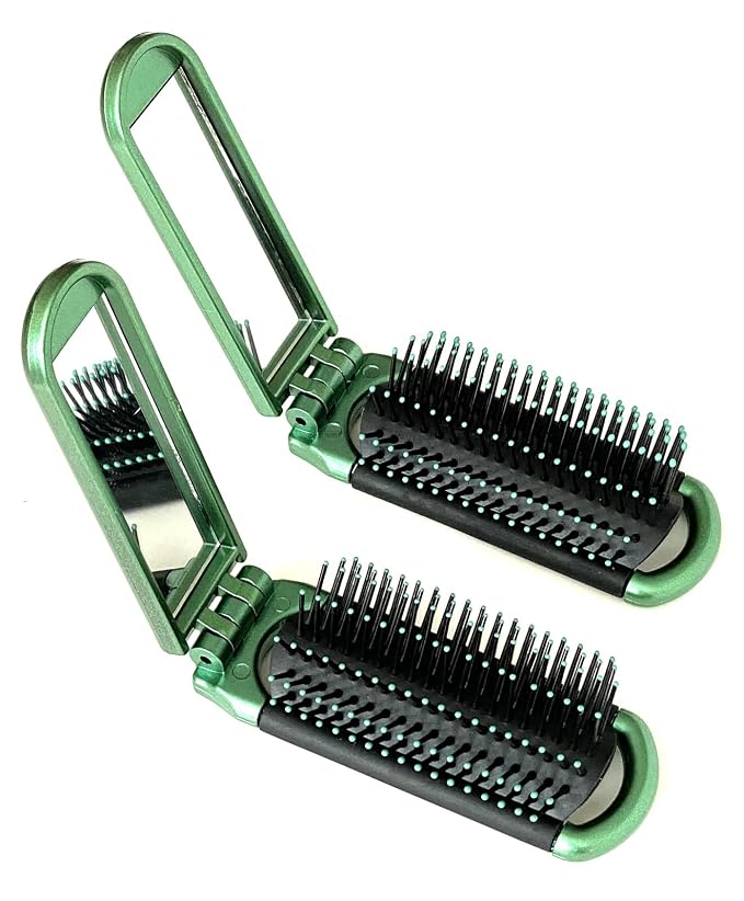 2 Green ALAZCO Folding Hair Brush With Mirror Compact Pocket Size Travel Car Gym Bag Purse Locker Swimming Camping Sleep