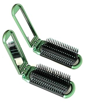 2 Green ALAZCO Folding Hair Brush With Mirror Compact Pocket Size Travel Car Gym Bag Purse Locker Swimming Camping Sleep