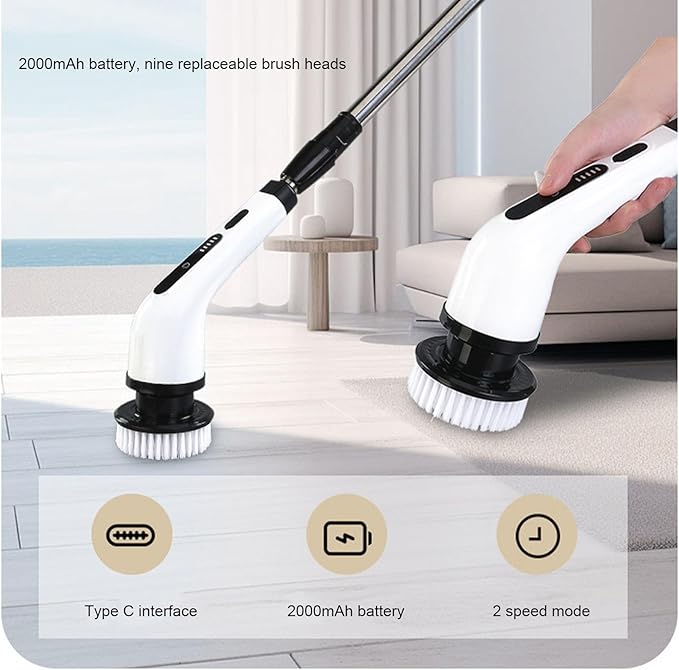 Electric Spin Scrubber Cordless Multifunction Retractable Handle Bathroom Tile Power Cleaning 9 Brushes Bath Tub Scrubber