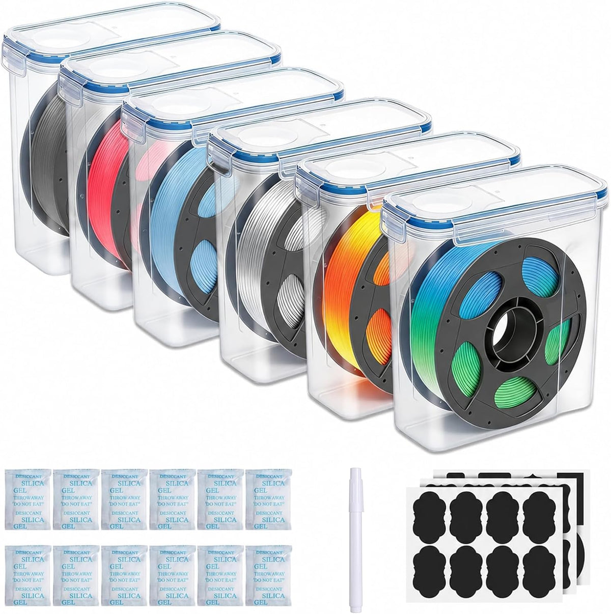 Filament Storage Box 6 Pack with Desiccants, Labels for 3D Printing