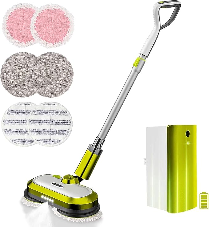 VMAI Cordless Electric Mop with Water Spray & Detachable Battery, Rechargeable Floor Spin Mop & Scrubber with LED Headlights, Washable Pads, Lightweight for Hardwood Tile Marble Floor Cleaning