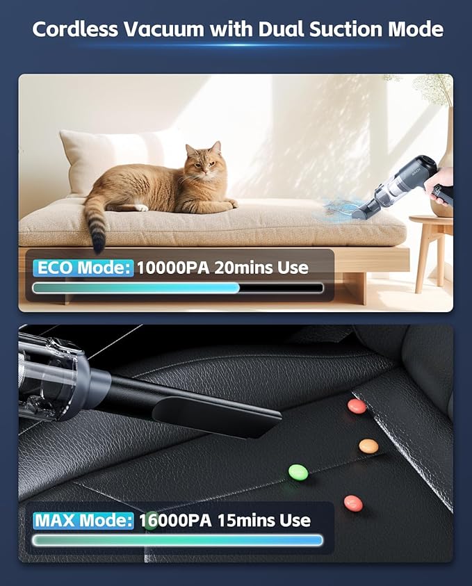 Car Vacuum Cleaner&Air Duster | 80W | 16kpa | 12KRPM | 20 Mins-Dust Cleaner Portable Cordless Vacuum Pro-Compressed Air Blower,Lightweight Rechargeable Handheld Mini Vacuum for Car/Home/Office