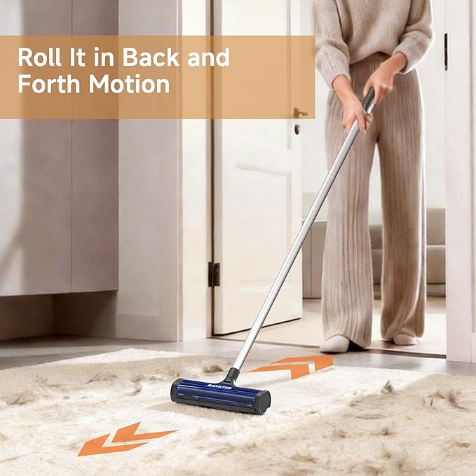 Carpet Hair Removal Tool, Long Handle Dog Hair Remover, Reusable Carpet Sweeper, Pet Fur Remover with Dust Container for Carpet, Rugs, Mats, Furniture, Upholstery