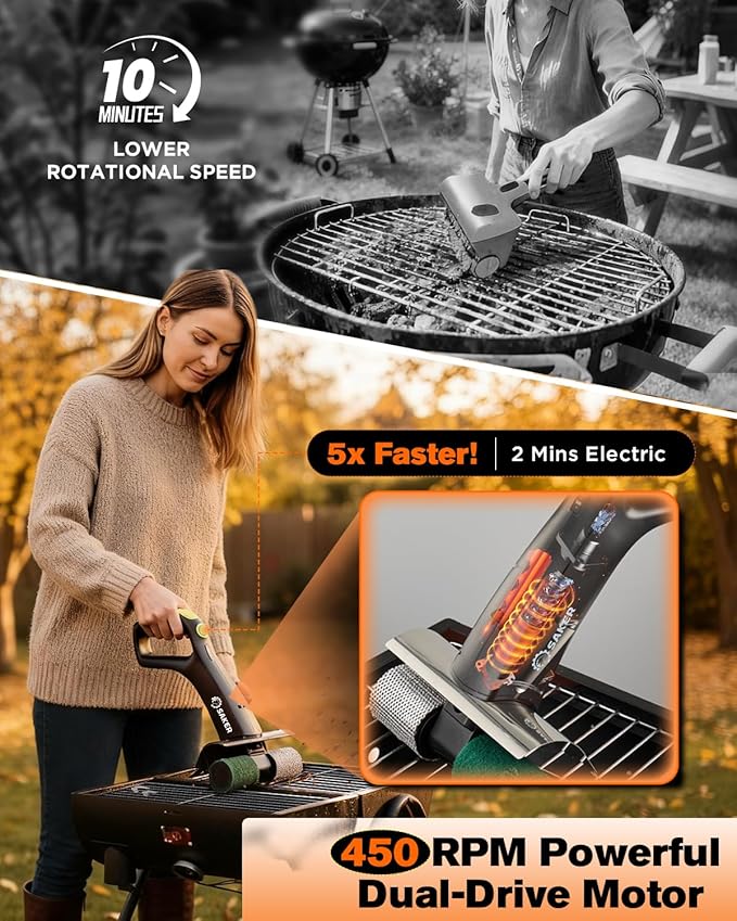 Saker Electric Grill Brush, 450 RPM Automatic BBQ Cleaning Tool with LED Light & 3 Interchangeable Heads – Cordless, Bristle-Free Grill Scrubber for Outdoor Cooking Accessories