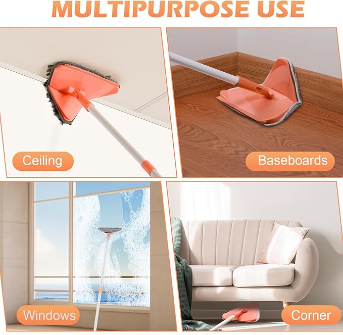 Wall Cleaner Triangle Mop with 82'' Long Handle - Wall Scrubber, Cleaning Washer Tool with 4 Microfiber Chenille Duster Pads for Clean Walls, Ceiling, Windows, Baseboards, Floors (Orange, 6 Pads)