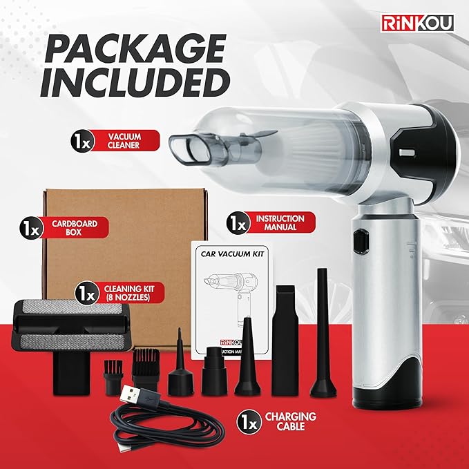 Car Vacuum Portable Cordless Handheld Cleaner, Mini Vacuum with 8 Attachments, Blower, Spray Lubricant & Microfiber Towels for Truck & Interior Cleaning