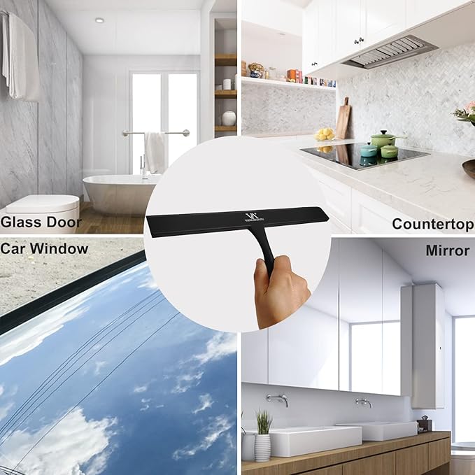 Shower Squeegee for Glass Doors, 11-Inch Silicone Squeegee with Non-Slip Handle and Adhesive Hook for Bathroom, Mirror, Tile, Car Window (Black)