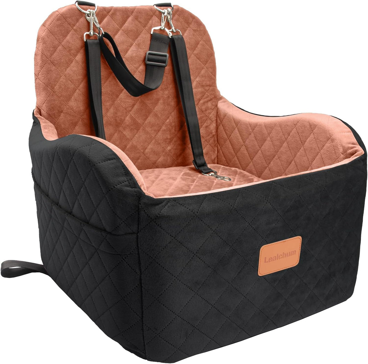 Dog Booster Car Seat for S/M Dogs Up to 35lbs,Soft 6in Elevated Cushion,Fits in Front/Back Seat,Fully Detachable and Washable,2 Storage Pockets & 3 Straps,Easy to Install (Black/Brown,Medium)