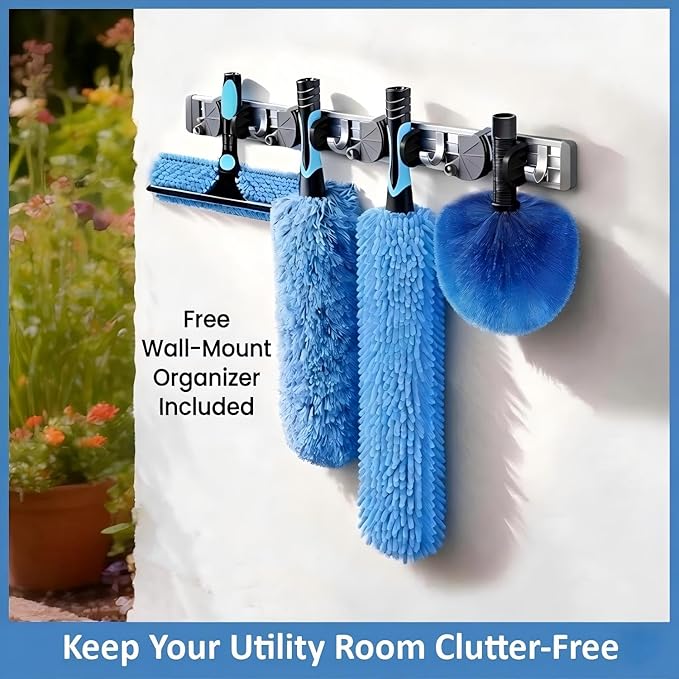 25ft High Ceiling Duster Kits with 5-18ft Heavy Duty Extension Pole - Fan Blade Cleaner, Cobweb Remover & Blue Window Squeegee Kit, Washable Dust Brush for High Roof and Glass Surfaces
