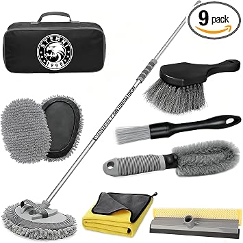 12Pcs Car Wash Kit, 62'' Car Wash Brush with Long Handle Microfiber Carwash Brush Mop Mitt Kit Car Car Washing Supplies 
