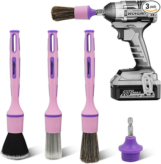 3Pcs Car Detailing Drill Brush Set with Drill Brush Attachment Head, 1P Ultra Soft No Scratch Car Drill Brush for Air Vent Leather Seat, 1P Boars Hair & 1P Detailing Brushes for Interior Exterior,Pink