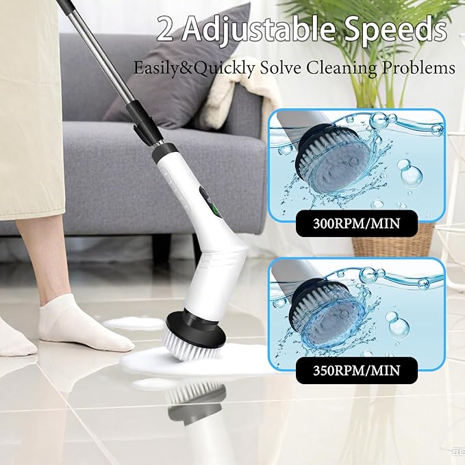 Spin Scrubber, 9-in-1 Multifunctional Electric Cleaning Brush with Detachable Handle, 9 Replaceable Brush Heads & LCD Display, Rechargeable for Bedroom, Bathroom, Kitchen, Car