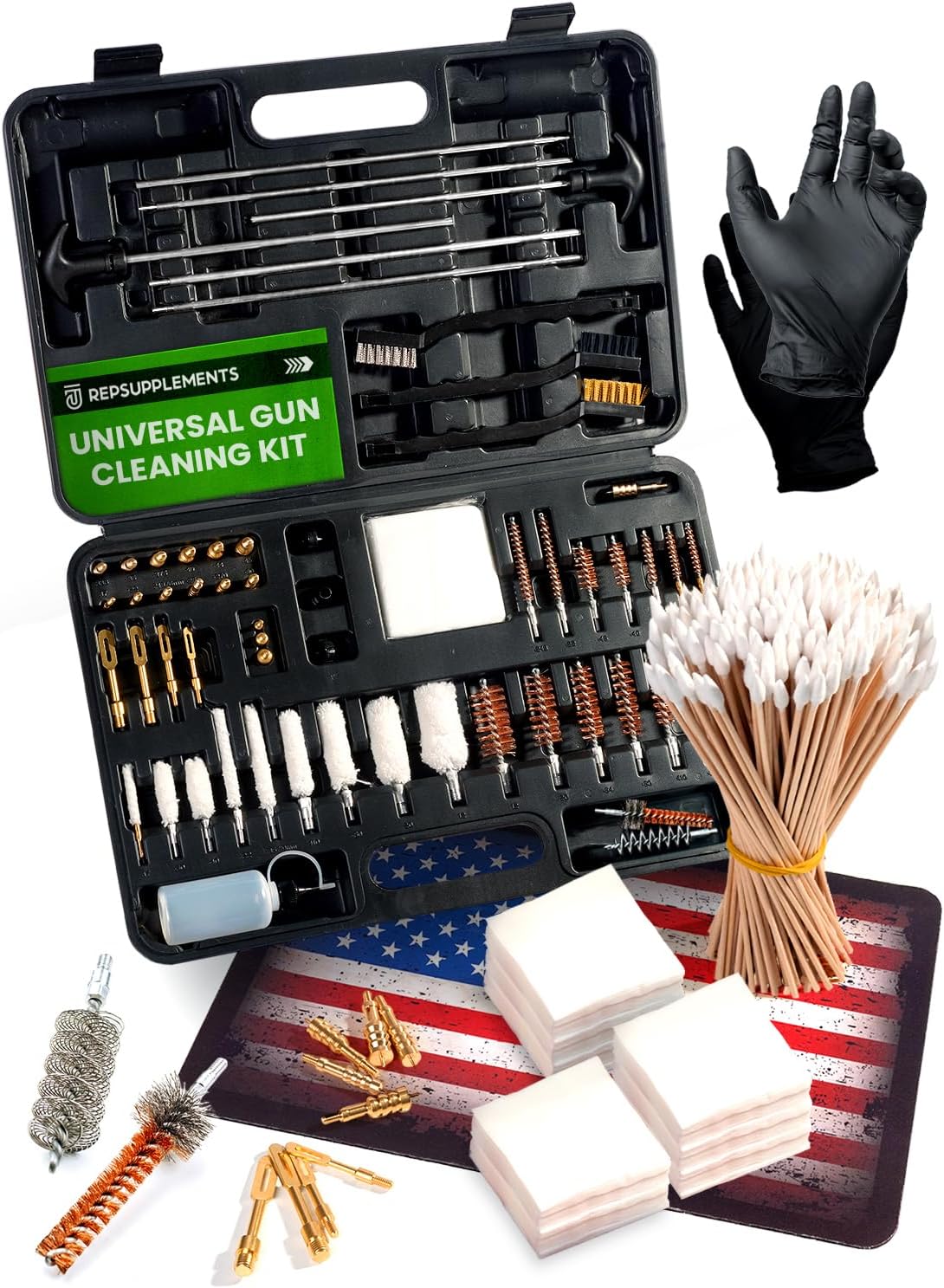 Universal Gun Cleaning Kit for All Guns - Portable Gun Cleaning Kits for Handguns and Rifles, Shotgun, Airsoft - Incl. Stainless Steel Rods, Brass Jags, Gun Cleaning Patches, Cleaning Swabs