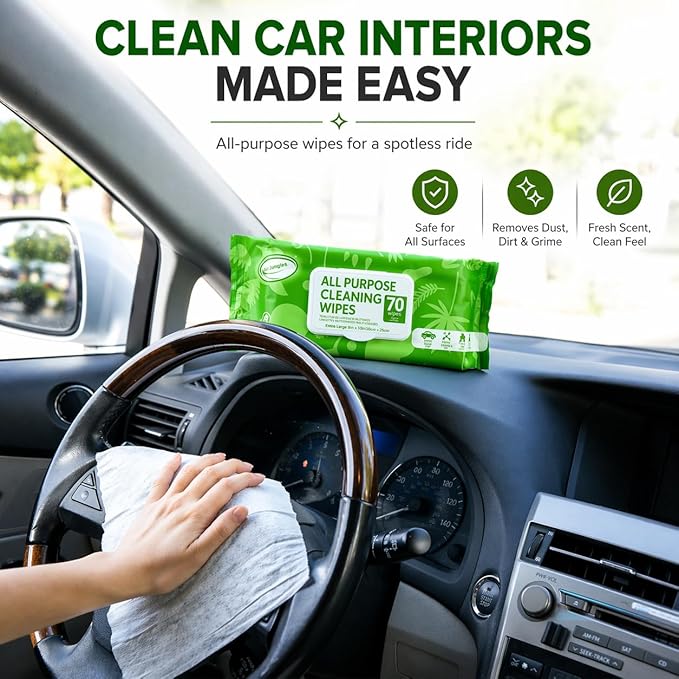 Air Jungles All Purpose Cleaning Wipes for Car and Home 70 Count (Pack of 2), Extra Large 8" x 10" Heavy Duty for Car Interior Vinyl, Kitchen, Bathroom, Countertop, Furniture, Tool - Non-Toxic