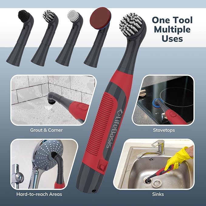 LifeBasis Cordless Electric Cleaning Brush, Mini Power Scrubber for Cleaning Waterproof Grout with 5 Brush Heads for Bathroom Kitchen Tile Crevice Corner - Red (Batteries Included)