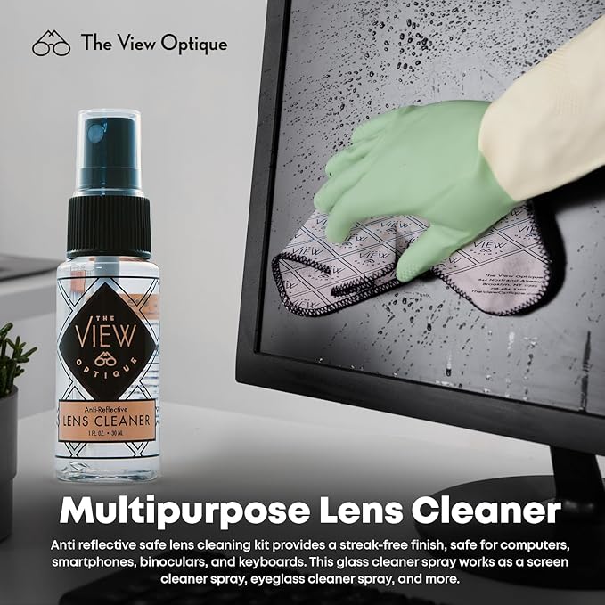 Anti-Reflective Lens Cleaner Spray Kit – (1) 8oz & (1) 1oz Glasses Cleaner Spray, (1) Microfiber Cloth for Eyeglasses, Sunglasses, Lenses, Screens & Camera Cleaning Kit (3 Piece Set)