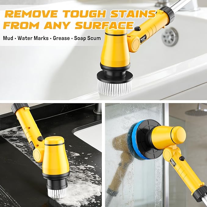 Electric Spin Scrubber Compatible with DeWalt 20V Battery, Ecarke Cordless Cleaning Brush with 4-Stage Handle, 8 Cleaning Heads for Bathroom/Floor/Kitchen/Tub/Tile, 2 Speeds – Tool Only