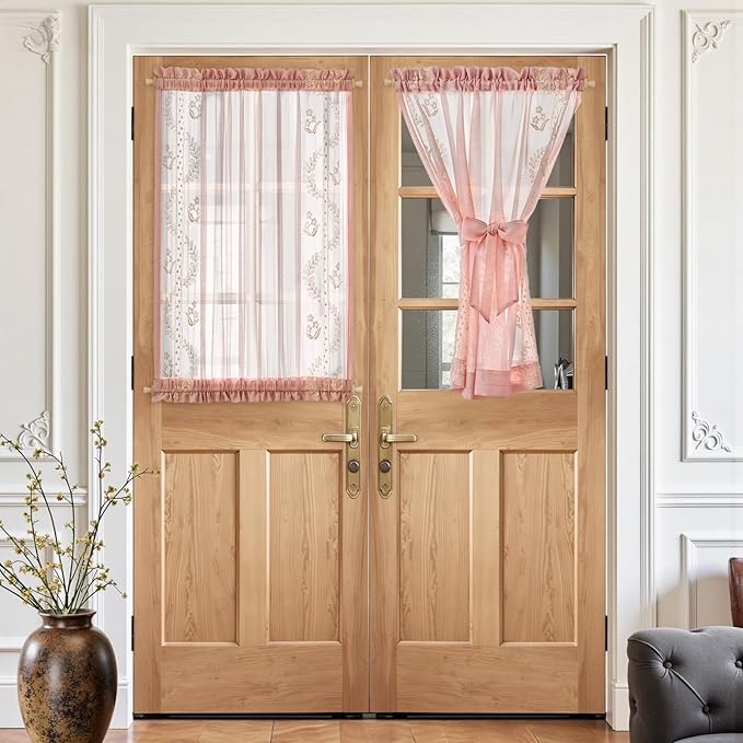 jinchan Semi Sheer French Door Curtain with Tie Up Bows Floral Embroidered Voile Privacy Curtain for Patio Door Closet Sliding Glass Door Rod Pocket 40 Inch 1 Panel Pink