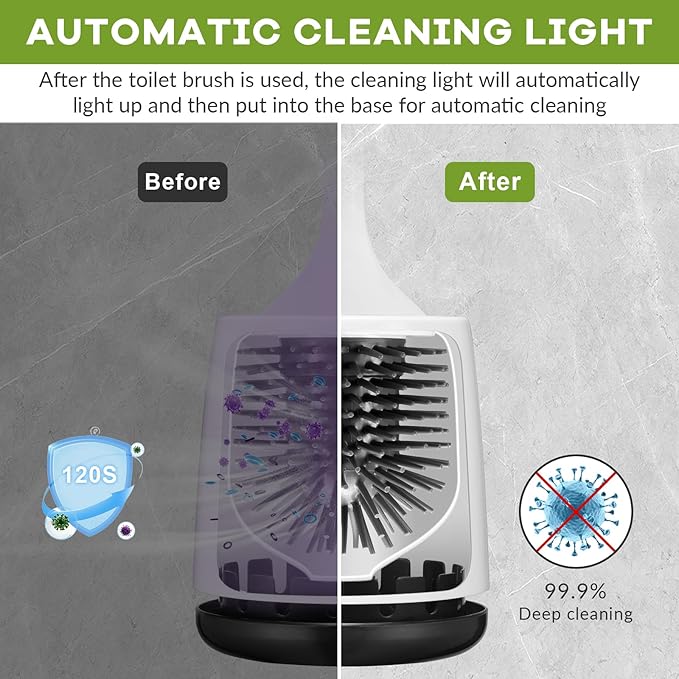 Electric Toilet Brush and Holder Set,Toilet Bowl Brush,Wireless Electric Spin Scrubber,with Silicone Brush Head Self-Cleaning Light and Ventilated Slot Base,USB Charging Cable,Wall Mount Sticker